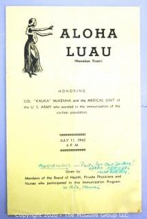 1942 WW II Menu and Party Information from Luau Held in Hawaii for Military 