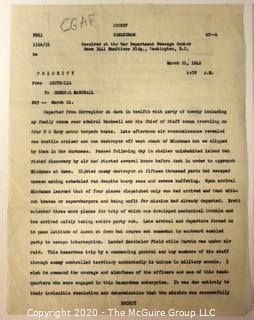 WWII Secret Cablegram Sent From General MacArthur to General Marshall in March 1942 to War Department Message Center in Washington DC. 