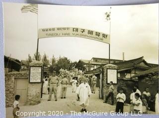 Four Black & White Photo Album Pictures. Includes Boys Class Sports Team, Korean Orphanage, Grocery Store, Etc.