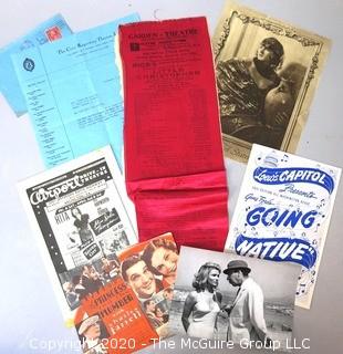 Group of Vintage Theater Ephemera.  Includes Red Silk Playbill from the Garden Theater, French Photo Still, Program from Loews Theater, etc. 