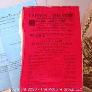 Group of Vintage Theater Ephemera.  Includes Red Silk Playbill from the Garden Theater, French Photo Still, Program from Loews Theater, etc. 