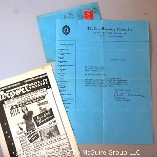 Group of Vintage Theater Ephemera.  Includes Red Silk Playbill from the Garden Theater, French Photo Still, Program from Loews Theater, etc. 