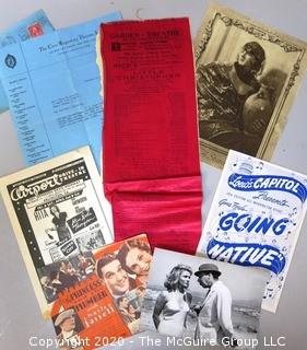 Group of Vintage Theater Ephemera.  Includes Red Silk Playbill from the Garden Theater, French Photo Still, Program from Loews Theater, etc. 