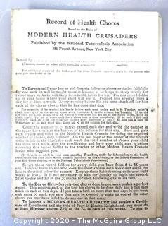 Group of Ephemera.  Includes Record of Chores from the Modern Health Crusaders, Receipt from the Undertaker and Marble Works, Etc. 