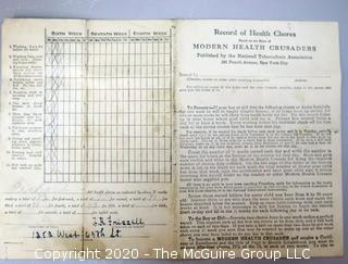 Group of Ephemera.  Includes Record of Chores from the Modern Health Crusaders, Receipt from the Undertaker and Marble Works, Etc. 