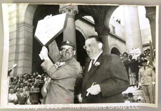 Vintage 1958 Black and White United Press Telephoto - Los Angeles Mayor Norris Poulson Holds up Home Plate from Brooklyn Dodgers. Measures approximately 9" x 6" with some curling at edges. 