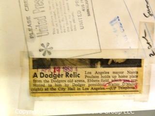 Vintage 1958 Black and White United Press Telephoto - Los Angeles Mayor Norris Poulson Holds up Home Plate from Brooklyn Dodgers. Measures approximately 9" x 6" with some curling at edges. 