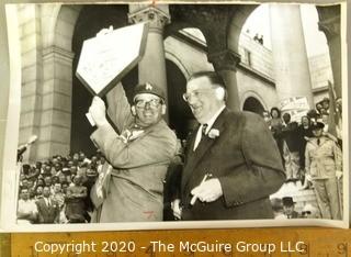 Vintage 1958 Black and White United Press Telephoto - Los Angeles Mayor Norris Poulson Holds up Home Plate from Brooklyn Dodgers. Measures approximately 9" x 6" with some curling at edges. 