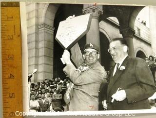 Vintage 1958 Black and White United Press Telephoto - Los Angeles Mayor Norris Poulson Holds up Home Plate from Brooklyn Dodgers. Measures approximately 9" x 6" with some curling at edges. 