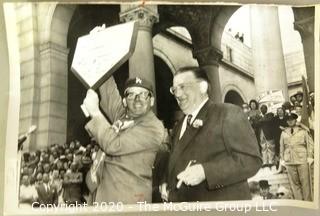 Vintage 1958 Black and White United Press Telephoto - Los Angeles Mayor Norris Poulson Holds up Home Plate from Brooklyn Dodgers. Measures approximately 9" x 6" with some curling at edges. 