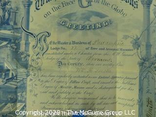 Membership or Initiation Certificate for Free Masons of Vermont on Vellum in Leather Pocket Folder. Circa 1800's.