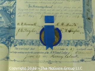 Membership or Initiation Certificate for Free Masons of Vermont on Vellum in Leather Pocket Folder. Circa 1800's.