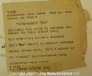 1936 Black & White Associated Press Photo of Robert Abial "Red" Rolfe of The New York Yankees. Measures approximately 7" x 5".