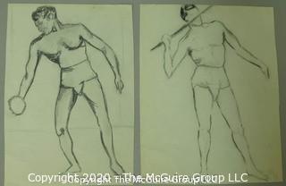 Pair of Two Male Figure Studies of Athletes.  Charcoal on Paper.