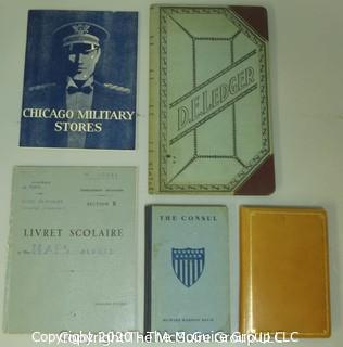 Collection including Military Clothing Catalog, Ledger, French Pupil's Report Card and book about U.S. Diplomacy