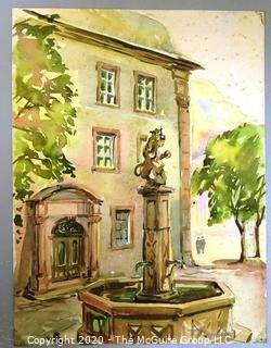 Unframed Signed Watercolor on Paper of Courtyard Fountain.  Measures approximately 6.5" x 8.5".  Signature illegible.