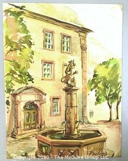 Unframed Signed Watercolor on Paper of Courtyard Fountain.  Measures approximately 6.5" x 8.5".  Signature illegible.