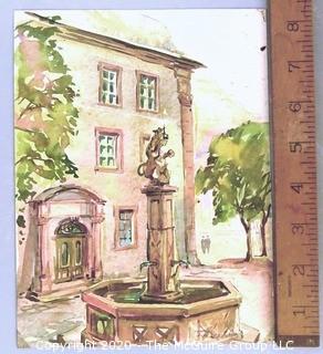 Unframed Signed Watercolor on Paper of Courtyard Fountain.  Measures approximately 6.5" x 8.5".  Signature illegible.