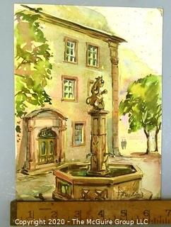 Unframed Signed Watercolor on Paper of Courtyard Fountain.  Measures approximately 6.5" x 8.5".  Signature illegible.