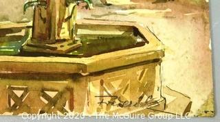 Unframed Signed Watercolor on Paper of Courtyard Fountain.  Measures approximately 6.5" x 8.5".  Signature illegible.