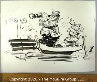 Art: Vintage Signed Cartoon Board from Al Banks. Man with spyglass in boat in flood
