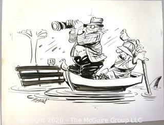 Art: Vintage Signed Cartoon Board from Al Banks. Man with spyglass in boat in flood
