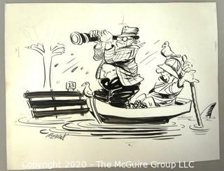 Art: Vintage Signed Cartoon Board from Al Banks. Man with spyglass in boat in flood
