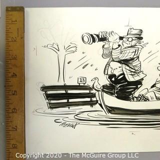 Art: Vintage Signed Cartoon Board from Al Banks. Man with spyglass in boat in flood
