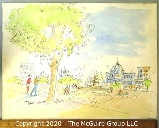 Unframed Watercolor and Pen on Paper of Park Scene Signed by Artist, James Grubb.  Measures approximately 15" x 20".