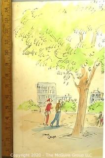 Unframed Watercolor and Pen on Paper of Park Scene Signed by Artist, James Grubb.  Measures approximately 15" x 20".