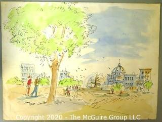 Unframed Watercolor and Pen on Paper of Park Scene Signed by Artist, James Grubb.  Measures approximately 15" x 20".