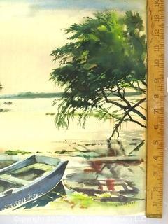 Unframed Original Watercolor of Boats on Beach Signed by Artist Clorns 1945.  Measures approximately 21" x 14".