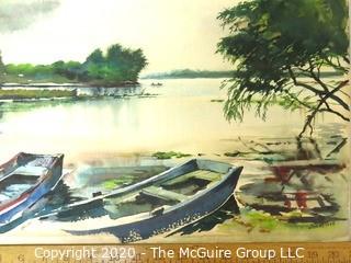 Unframed Original Watercolor of Boats on Beach Signed by Artist Clorns 1945.  Measures approximately 21" x 14".