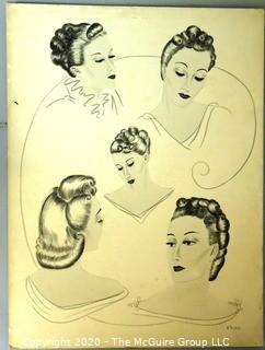 Vintage Ink on Board of Ladies in Profile Signed by the Artist B Duras.  Measures approximately 15" x 20".