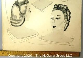 Vintage Ink on Board of Ladies in Profile Signed by the Artist B Duras.  Measures approximately 15" x 20".