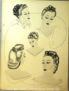 Vintage Ink on Board of Ladies in Profile Signed by the Artist B Duras.  Measures approximately 15" x 20".