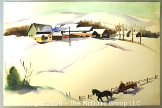 Unframed and Unsigned Watercolor Painting of Winter Scene