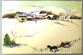 Unframed and Unsigned Watercolor Painting of Winter Scene