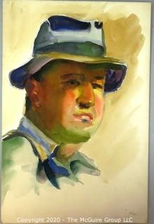 Unframed and Unsigned Watercolor on Board of Man in Hat Portrait.