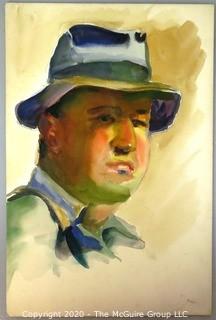 Unframed and Unsigned Watercolor on Board of Man in Hat Portrait.