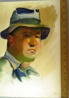 Unframed and Unsigned Watercolor on Board of Man in Hat Portrait.