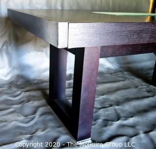 Dark Veneer Wood Modern Contemporary Dining Table with Glass Insert Center.  Some Damage to Veneer on legs and trim. 