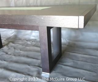 Dark Veneer Wood Modern Contemporary Dining Table with Glass Insert Center.  Some Damage to Veneer on legs and trim. 