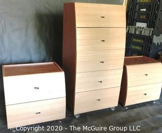 Three Piece Modern Contemporary Bedroom Set in Light Maple Wood.  Includes two night tables with drawers and tall dresser.