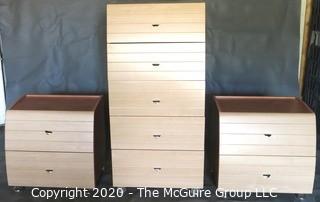 Three Piece Modern Contemporary Bedroom Set in Light Maple Wood.  Includes two night tables with drawers and tall dresser.