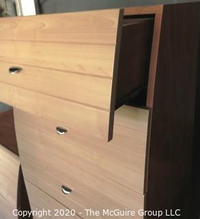 Three Piece Modern Contemporary Bedroom Set in Light Maple Wood.  Includes two night tables with drawers and tall dresser.