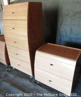 Three Piece Modern Contemporary Bedroom Set in Light Maple Wood.  Includes two night tables with drawers and tall dresser.