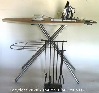 Group of Small Home Appliances Including 2 Iron, Ironing Board and Fire Place Tools.