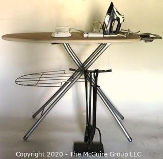 Group of Small Home Appliances Including 2 Iron, Ironing Board and Fire Place Tools.