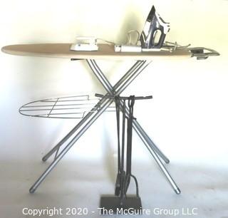 Group of Small Home Appliances Including 2 Iron, Ironing Board and Fire Place Tools.